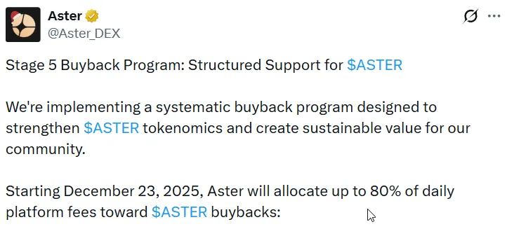 Aster запускает выкуп до 80% комиссий DEX для $ASTER