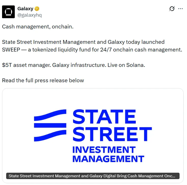State Street и Galaxy Digital запустили фонд SWEEP Solana.