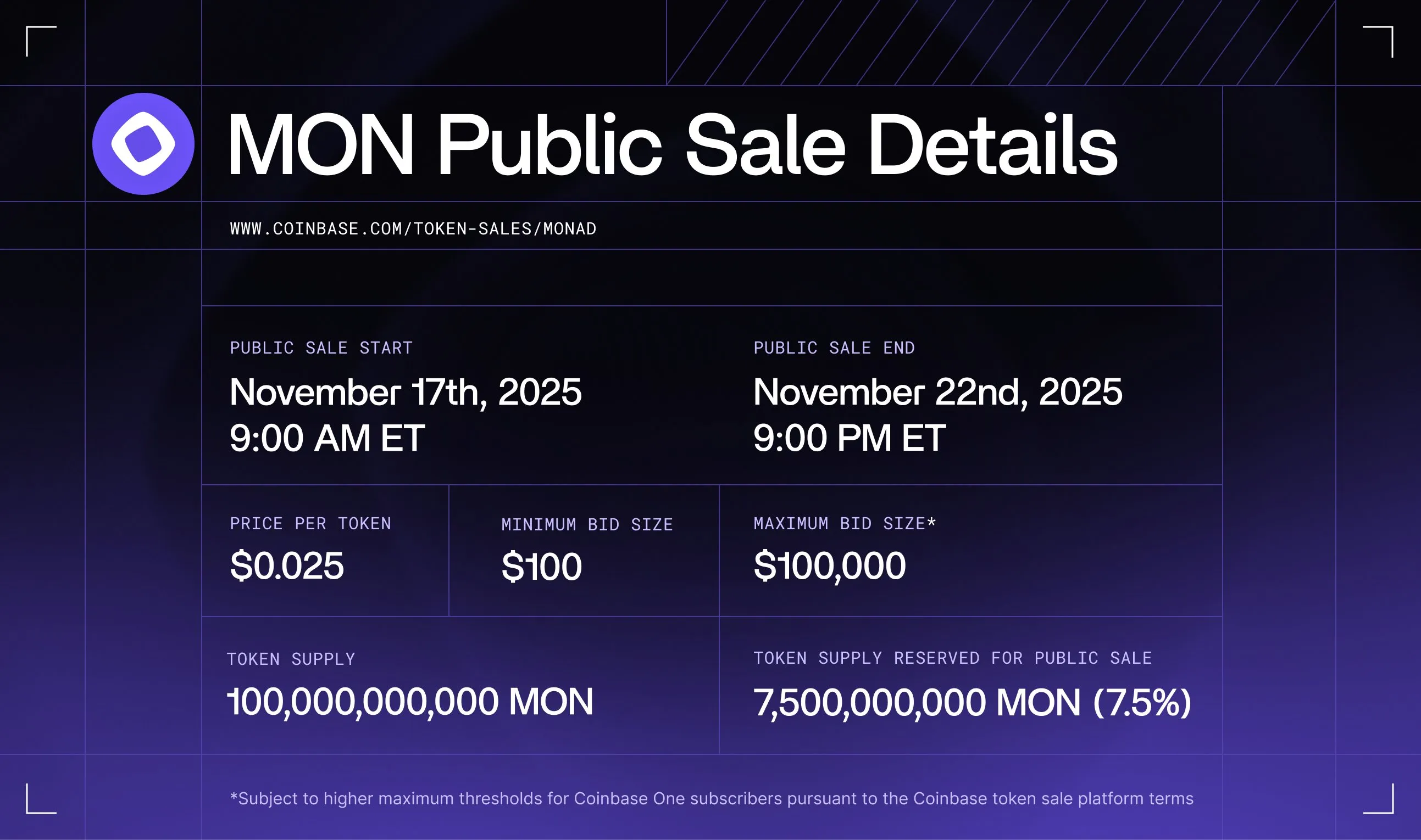 Сейл токена Monad на Coinbase стартует 17 ноября по $0,025.