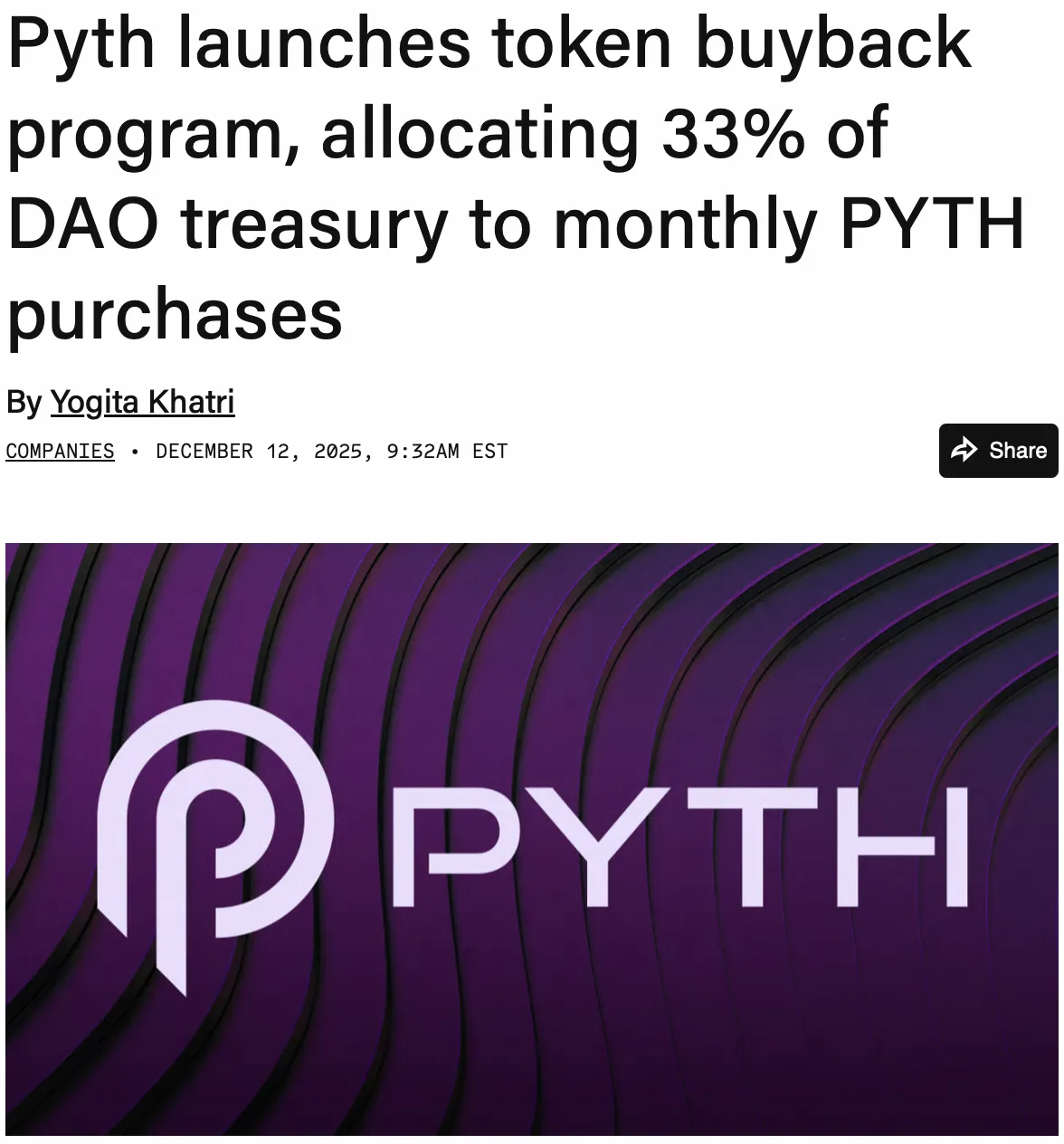 Pyth запускает байбэк PYTH, направляя 33% казны DAO на выкуп
