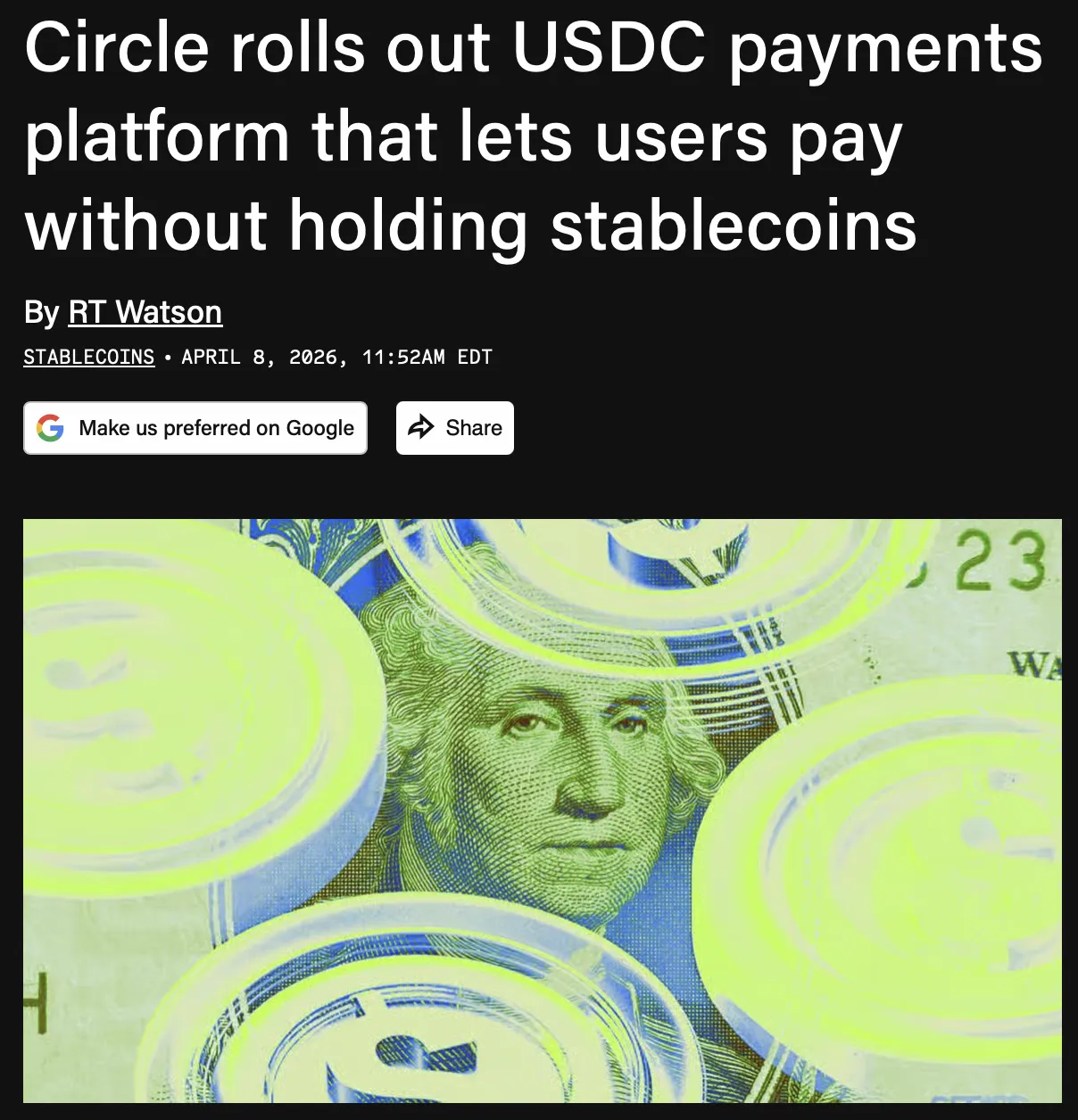Circle представила платформу для расчётов в USDC без баланса