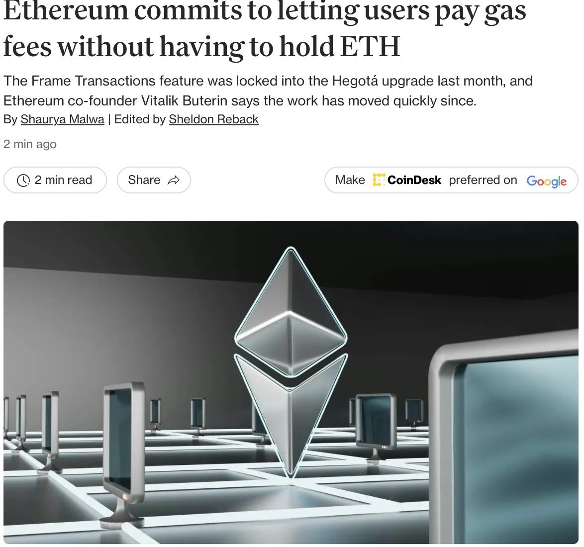 Ethereum Hegotá: комиссии можно будет оплачивать без хранения ETH.