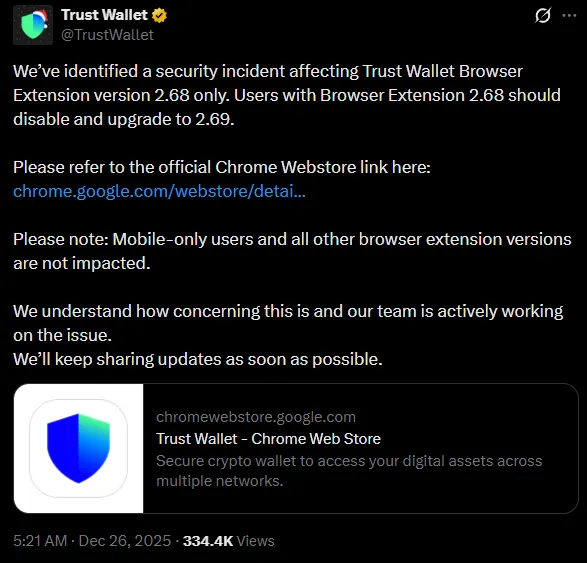 Взлом Trust Wallet 2.68: украдено $6 млн, обновите расширение