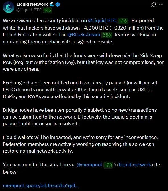 Хакер вывел 4000 BTC из резервов Liquid Network на $320 млн.