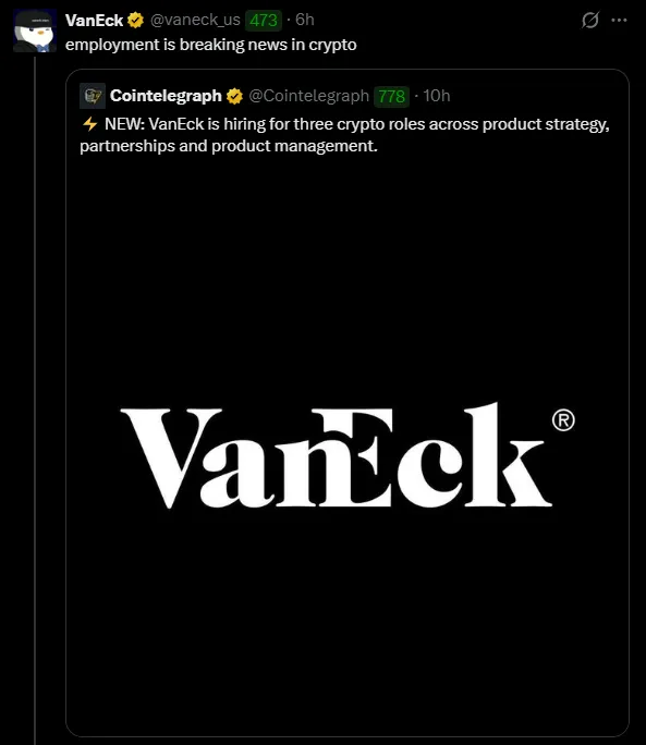 VanEck расширяет криптокоманду: открыты три новые вакансии.