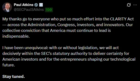 SEC и CFTC готовят новые правила крипторегулирования после провала CLARITY Act.