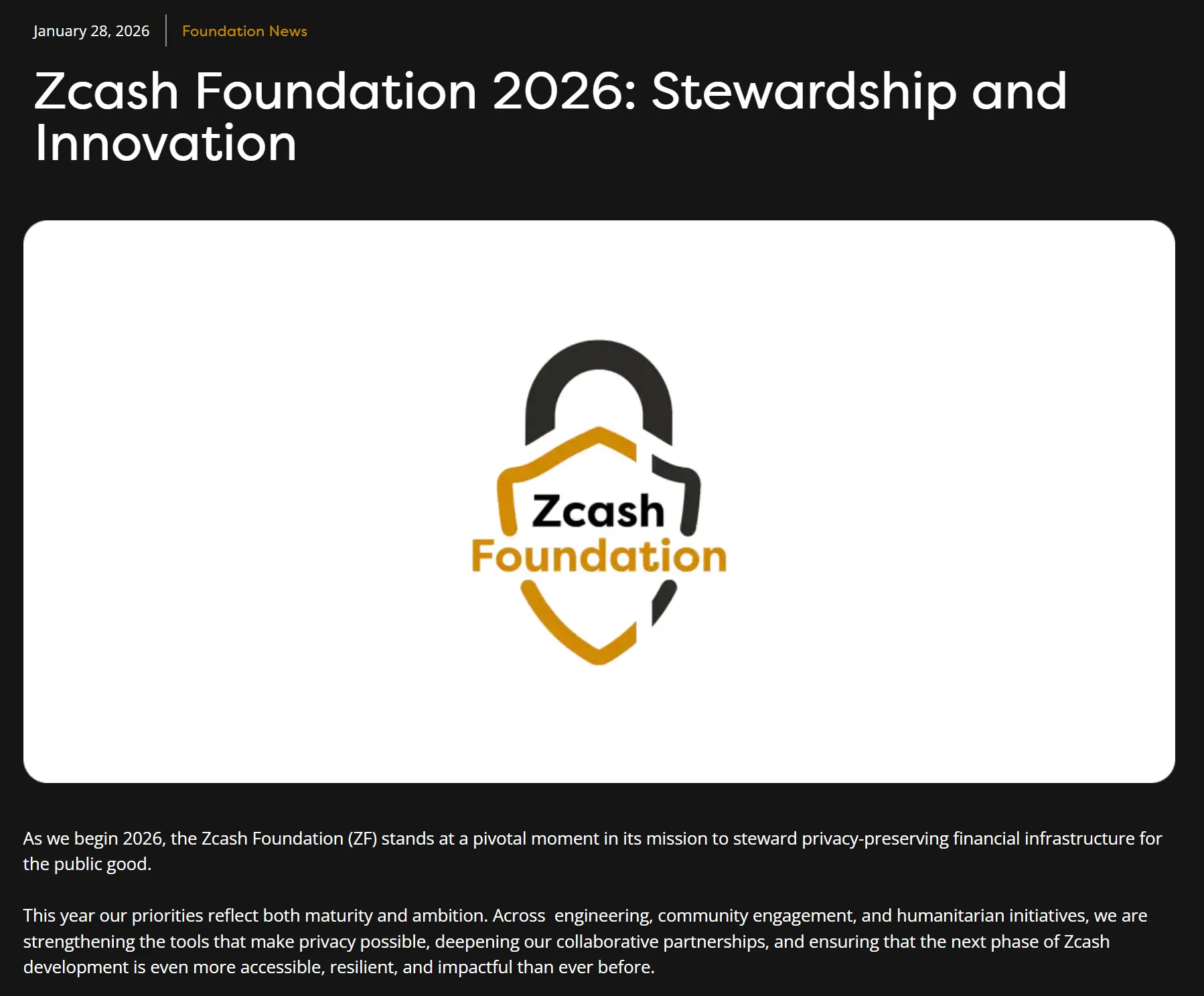 Zcash Foundation (ZEC) unveils plans for 2026: privacy, | DropsTab News